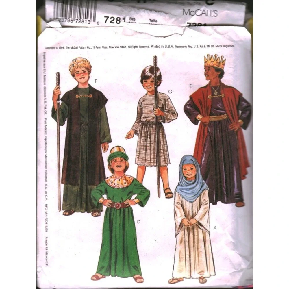 McCall's 7281 Kids Nativity Costume Sewing Pattern King Angel Shepherd Size 8-10